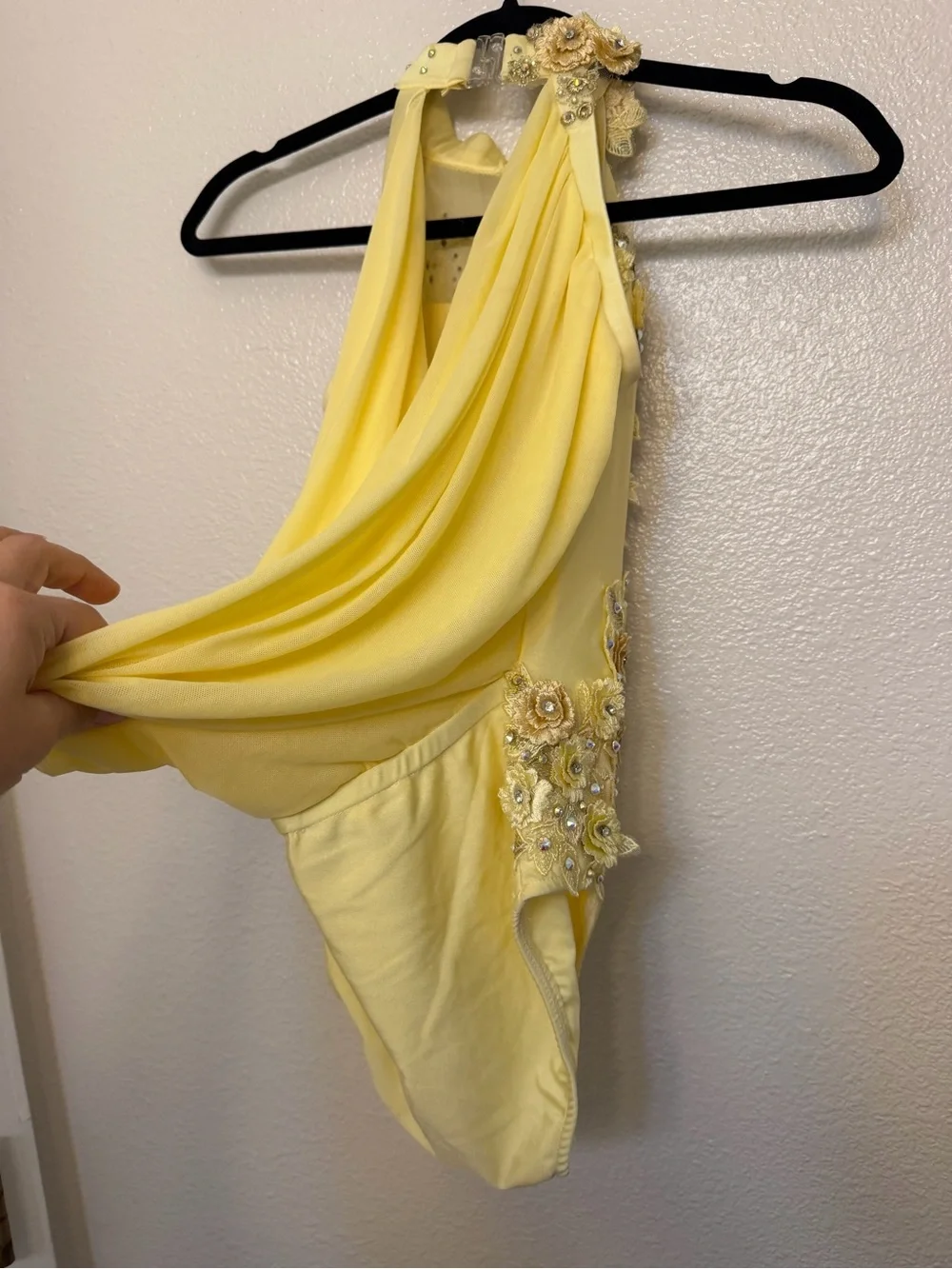 Glamour solo dance costume leotard pale yellow embellished rhinestone lace XSA